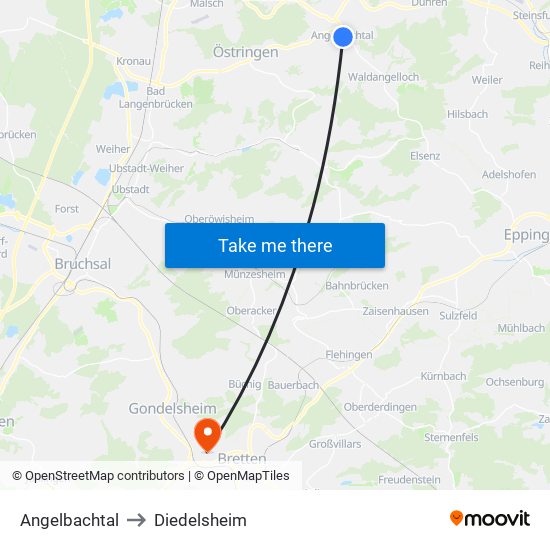 Angelbachtal to Diedelsheim map
