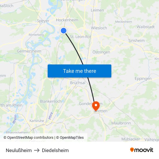 Neulußheim to Diedelsheim map
