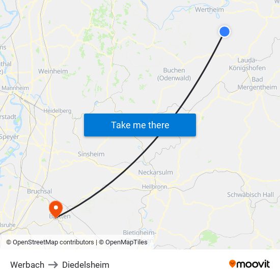 Werbach to Diedelsheim map