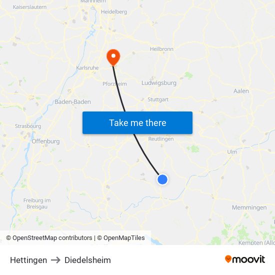 Hettingen to Diedelsheim map