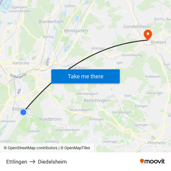 Ettlingen to Diedelsheim map