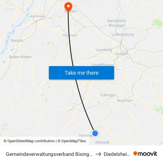 Gemeindeverwaltungsverband Bisingen to Diedelsheim map