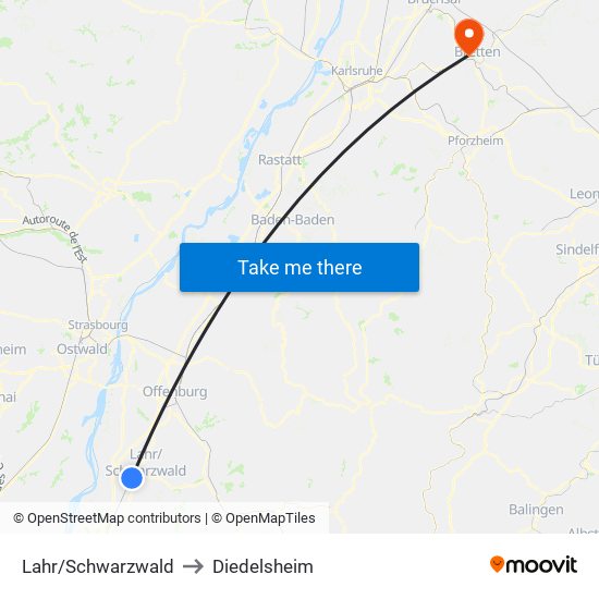 Lahr/Schwarzwald to Diedelsheim map
