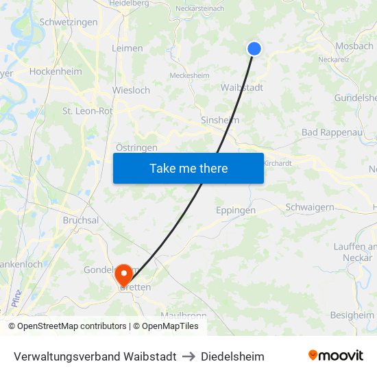 Verwaltungsverband Waibstadt to Diedelsheim map