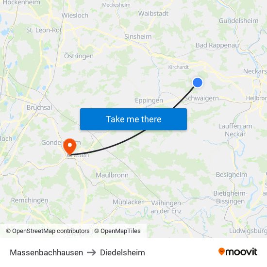 Massenbachhausen to Diedelsheim map