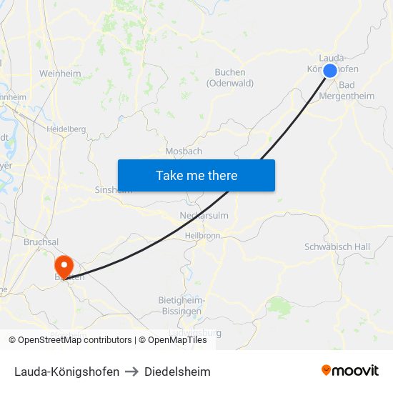 Lauda-Königshofen to Diedelsheim map