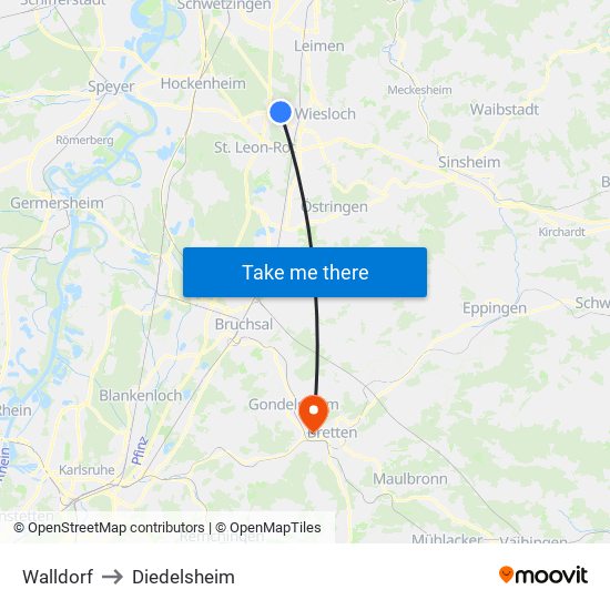 Walldorf to Diedelsheim map