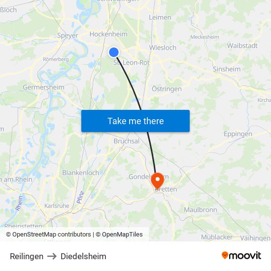 Reilingen to Diedelsheim map