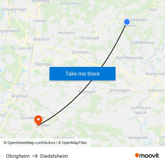 Obrigheim to Diedelsheim map