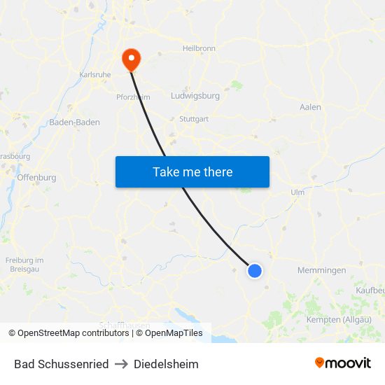 Bad Schussenried to Diedelsheim map