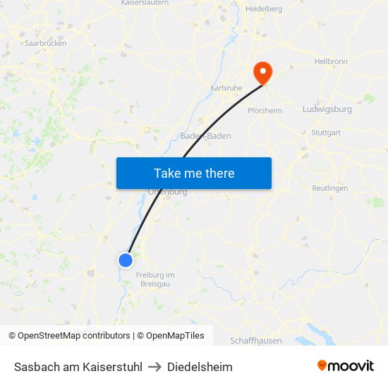 Sasbach am Kaiserstuhl to Diedelsheim map