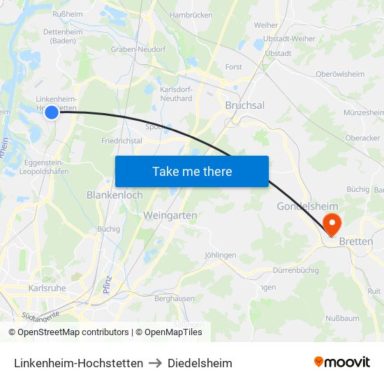 Linkenheim-Hochstetten to Diedelsheim map