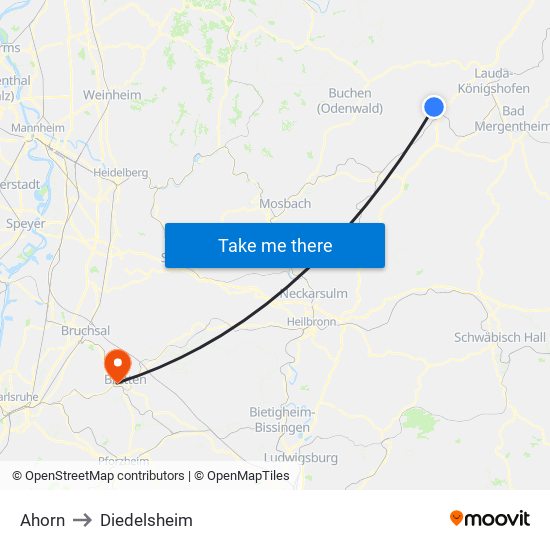 Ahorn to Diedelsheim map