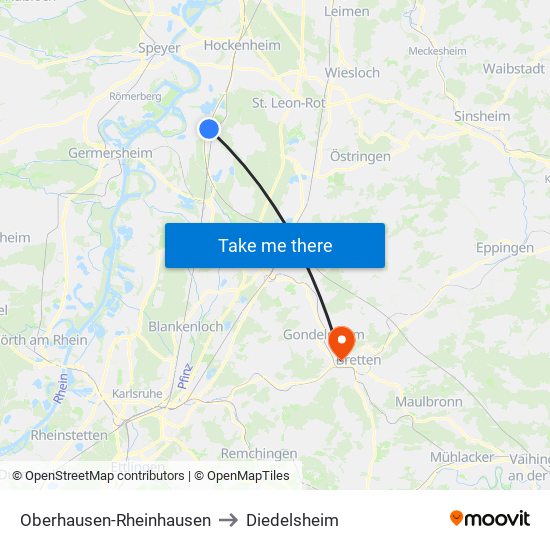 Oberhausen-Rheinhausen to Diedelsheim map