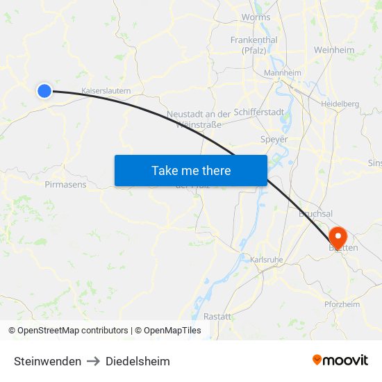 Steinwenden to Diedelsheim map