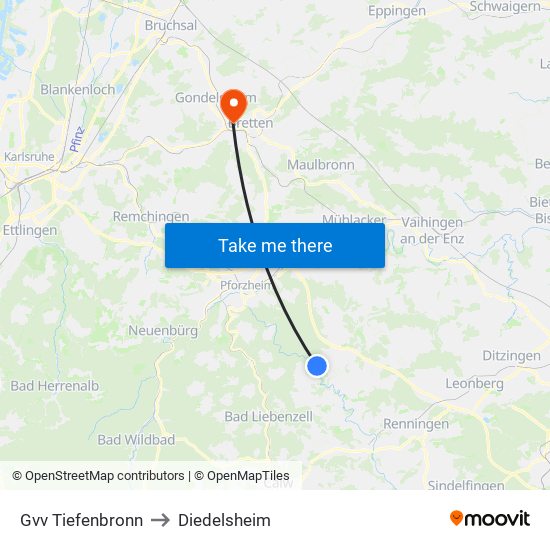 Gvv Tiefenbronn to Diedelsheim map