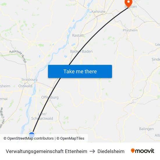 Verwaltungsgemeinschaft Ettenheim to Diedelsheim map