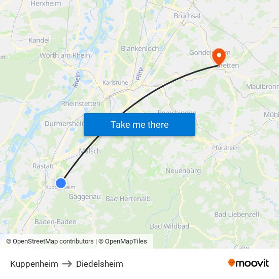 Kuppenheim to Diedelsheim map