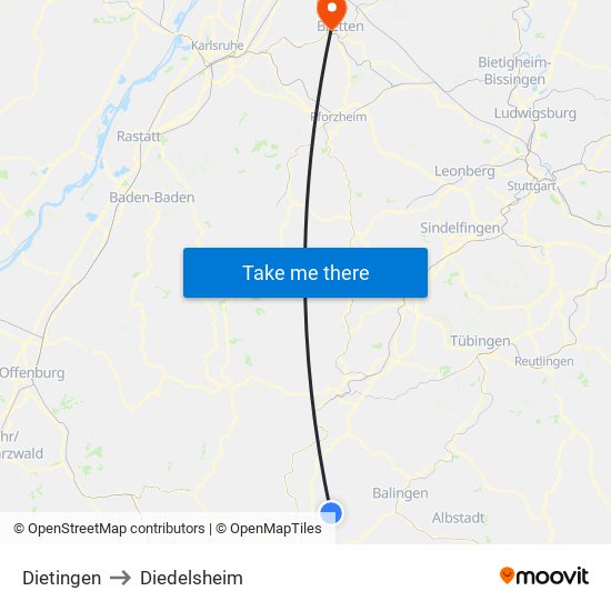 Dietingen to Diedelsheim map