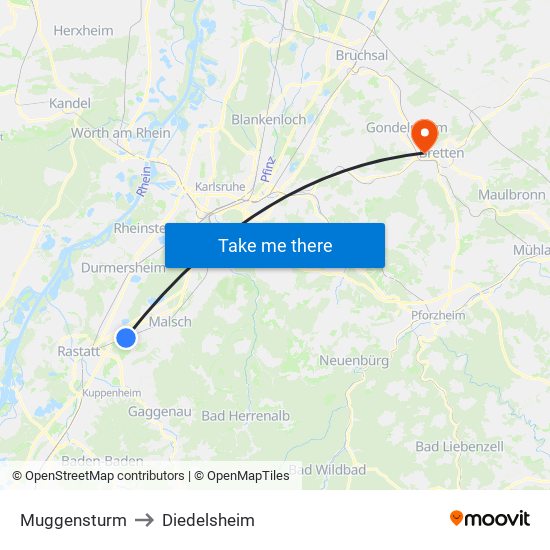 Muggensturm to Diedelsheim map