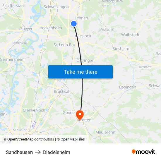 Sandhausen to Diedelsheim map