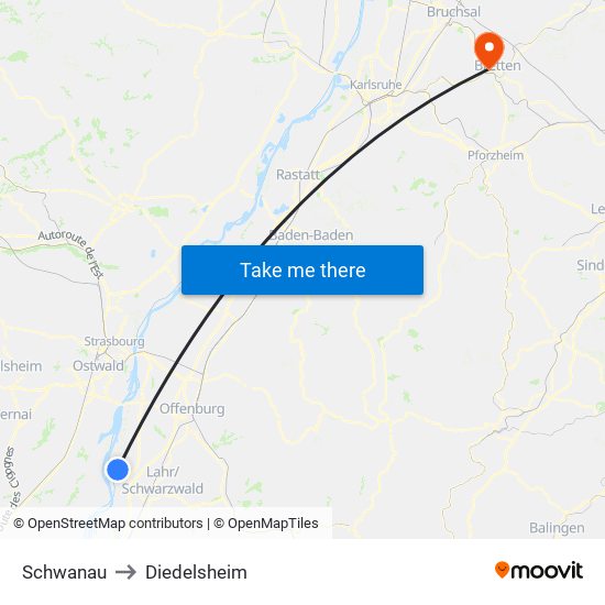 Schwanau to Diedelsheim map