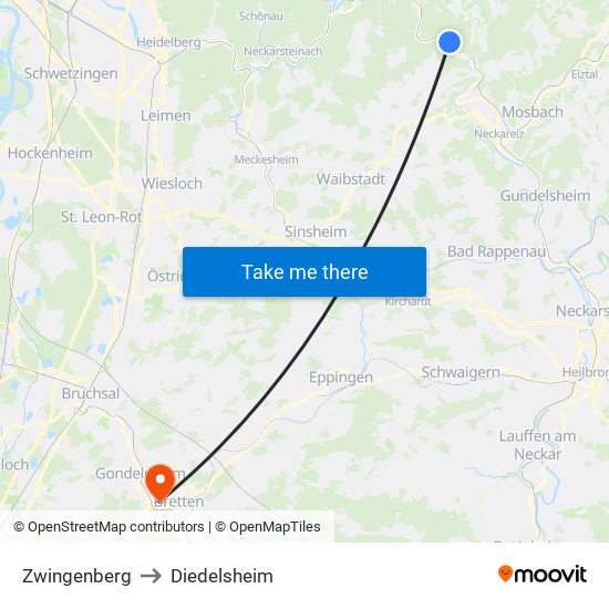 Zwingenberg to Diedelsheim map