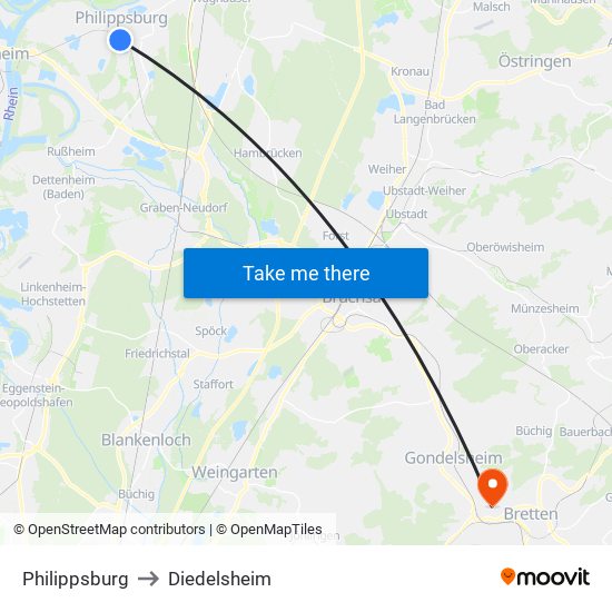 Philippsburg to Diedelsheim map