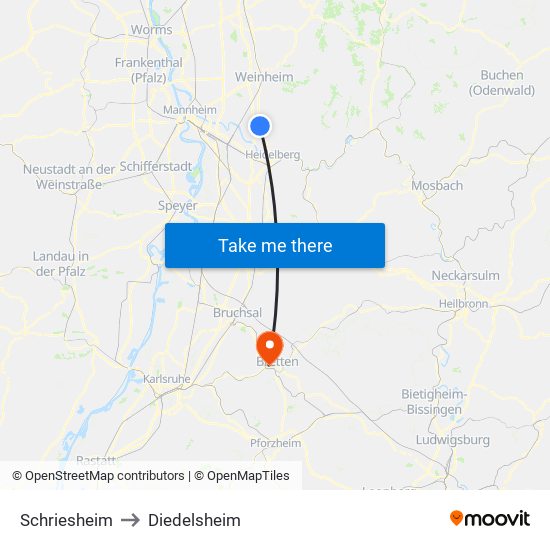 Schriesheim to Diedelsheim map