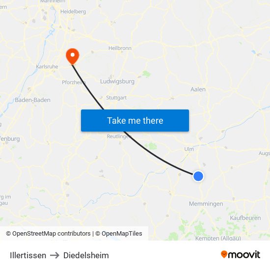 Illertissen to Diedelsheim map