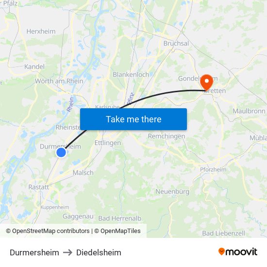 Durmersheim to Diedelsheim map