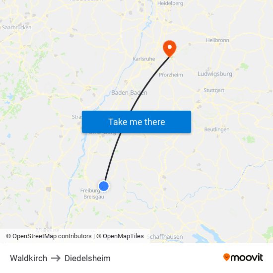 Waldkirch to Diedelsheim map