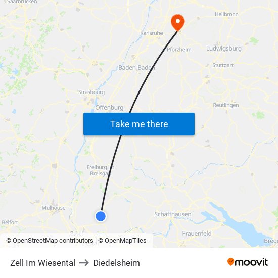 Zell Im Wiesental to Diedelsheim map