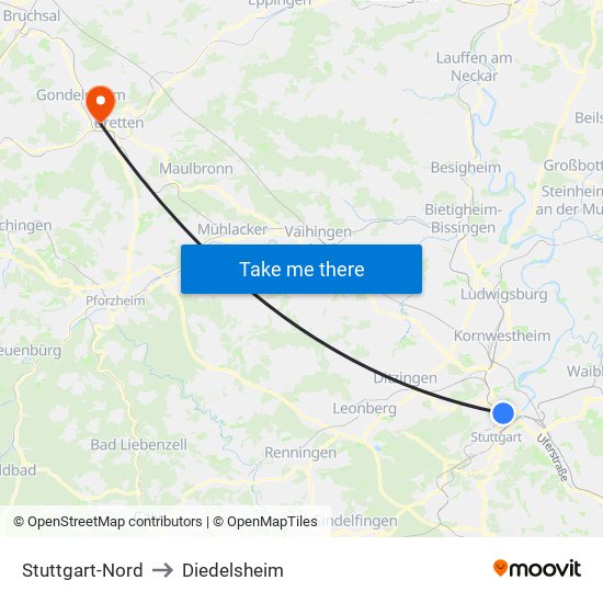 Stuttgart-Nord to Diedelsheim map