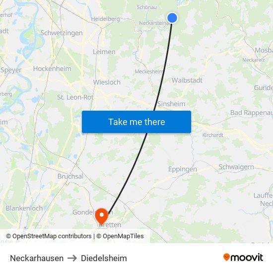 Neckarhausen to Diedelsheim map