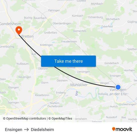 Ensingen to Diedelsheim map