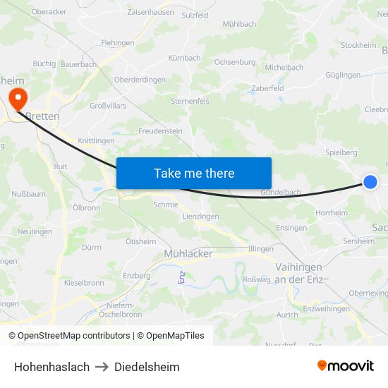 Hohenhaslach to Diedelsheim map