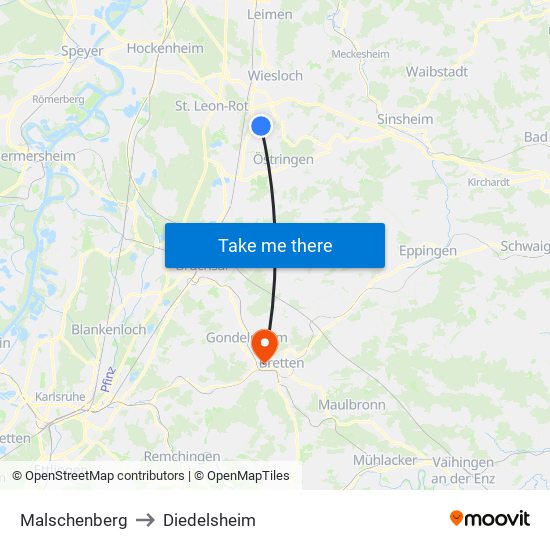 Malschenberg to Diedelsheim map