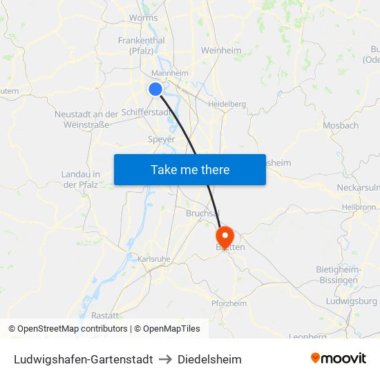 Ludwigshafen-Gartenstadt to Diedelsheim map