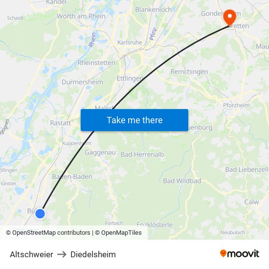 Altschweier to Diedelsheim map