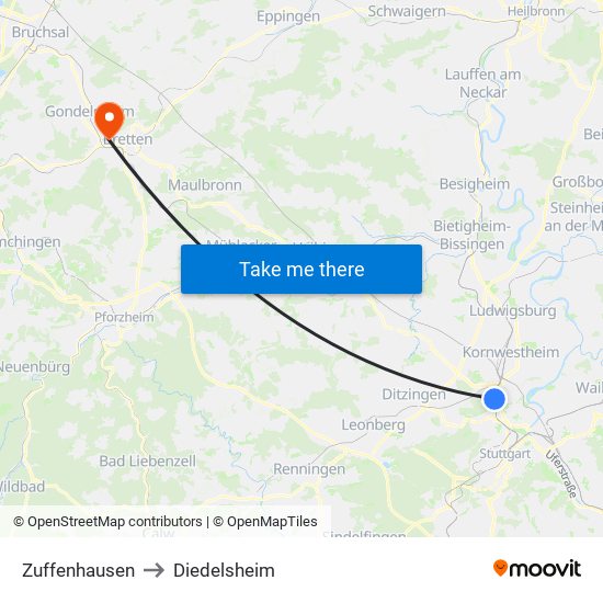 Zuffenhausen to Diedelsheim map