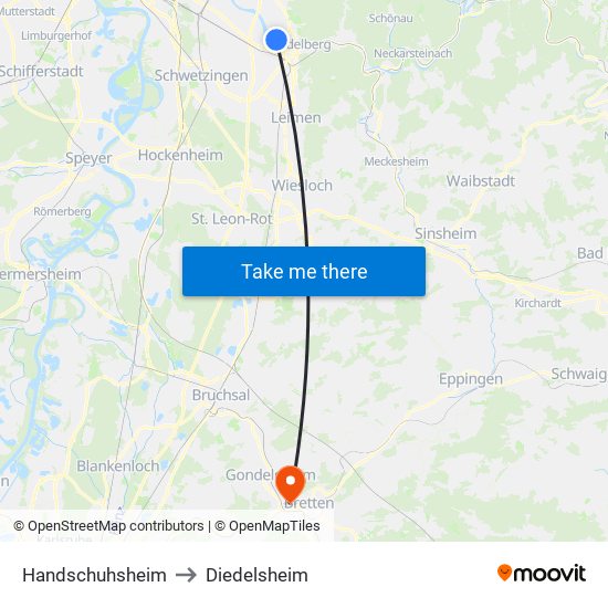 Handschuhsheim to Diedelsheim map