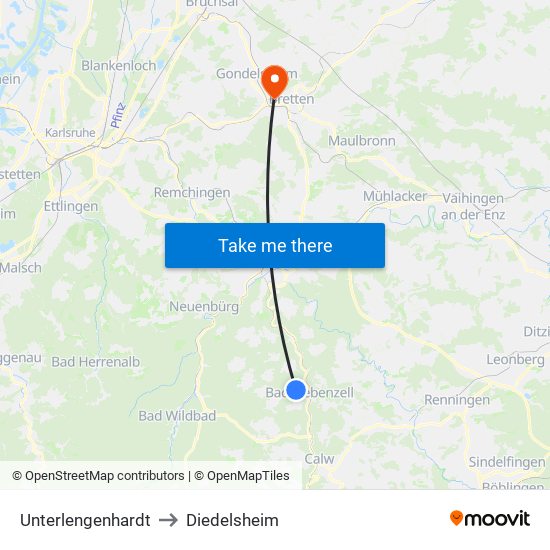 Unterlengenhardt to Diedelsheim map