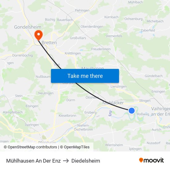 Mühlhausen An Der Enz to Diedelsheim map