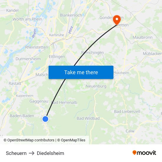 Scheuern to Diedelsheim map