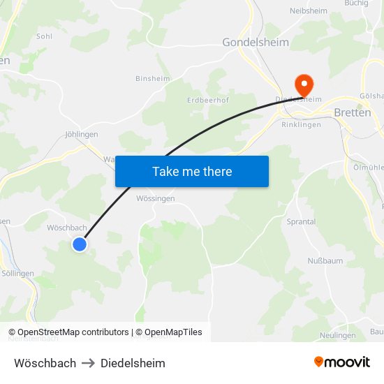 Wöschbach to Diedelsheim map