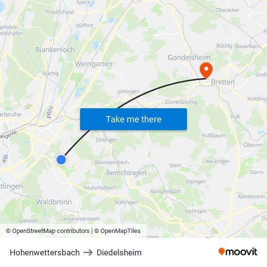 Hohenwettersbach to Diedelsheim map