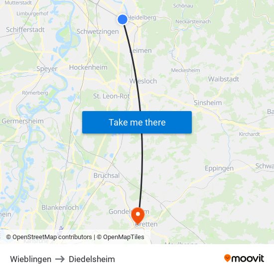 Wieblingen to Diedelsheim map
