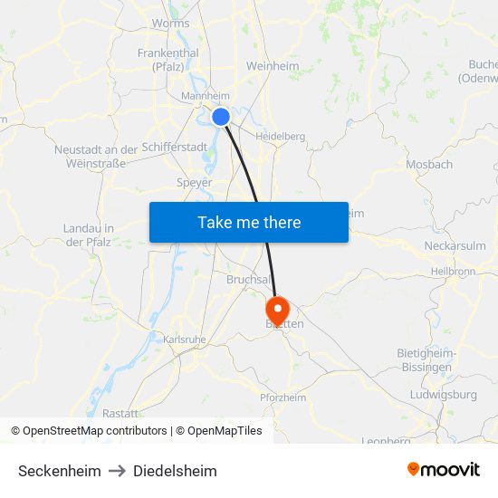 Seckenheim to Diedelsheim map