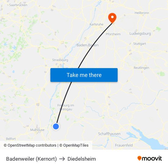 Badenweiler (Kernort) to Diedelsheim map